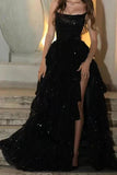 Sparkly Stunning Black Sequined Sleeveless Strapless Long Prom Dress with Split HZ1214