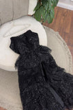 Sparkly Stunning Black Sequined Sleeveless Strapless Long Prom Dress with Split HZ1214