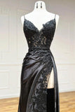 Sexy Sheath Satin Prom Dresses with Slit, Spaghetti Strap Formal Dress HZ1214