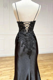 Sexy Sheath Satin Prom Dresses with Slit, Spaghetti Strap Formal Dress HZ1214