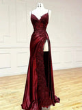 Sexy Sheath Satin Prom Dresses with Slit, Spaghetti Strap Formal Dress HZ1214