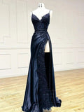 Sexy Sheath Satin Prom Dresses with Slit, Spaghetti Strap Formal Dress HZ1214