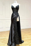 Sexy Sheath Satin Prom Dresses with Slit, Spaghetti Strap Formal Dress HZ1214