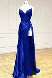 Sexy Sheath Satin Prom Dresses with Slit, Spaghetti Strap Formal Dress HZ1214