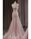 Luxury Sequined Pink Tulle Gorgeous Mermaid Prom Dress Evening Dresses HZ1214