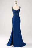 Luxury Sequin Royal Blue Mermaid Thin Shoulder Strap Sticker Long Prom Dress Evening Dresses HZ1214