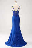 Luxury Sequin Royal Blue Mermaid Thin Shoulder Strap Sticker Long Prom Dress Evening Dresses HZ1214
