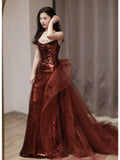 Burgundy Mermaid Sequins Tulle Strapless Prom Dress Evening Dresses HZ1214