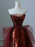 Burgundy Mermaid Sequins Tulle Strapless Prom Dress Evening Dresses HZ1214