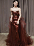 Burgundy Mermaid Sequins Tulle Strapless Prom Dress Evening Dresses HZ1214