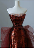 Burgundy Mermaid Sequins Tulle Strapless Prom Dress Evening Dresses HZ1214