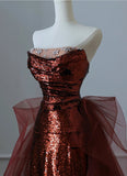 Burgundy Mermaid Sequins Tulle Strapless Prom Dress Evening Dresses HZ1214