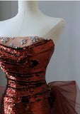 Burgundy Mermaid Sequins Tulle Strapless Prom Dress Evening Dresses HZ1214