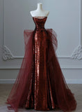 Burgundy Mermaid Sequins Tulle Strapless Prom Dress Evening Dresses HZ1214