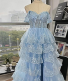 Fairy Off the Shoulder Light Blue Ruffles Prom Dress Party Gown Evening Dresses HZ1214