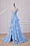 Fairy Off the Shoulder Light Blue Ruffles Prom Dress Party Gown Evening Dresses HZ1214