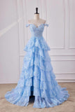 Fairy Off the Shoulder Light Blue Ruffles Prom Dress Party Gown Evening Dresses HZ1214