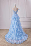 Fairy Off the Shoulder Light Blue Ruffles Prom Dress Party Gown Evening Dresses HZ1214