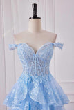 Fairy Off the Shoulder Light Blue Ruffles Prom Dress Party Gown Evening Dresses HZ1214