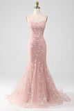 Mermaid Blush Spaghetti Straps Prom Dress With Appliques Evening Dresses HZ1214