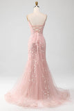 Mermaid Blush Spaghetti Straps Prom Dress With Appliques Evening Dresses HZ1214