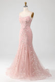 Mermaid Blush Spaghetti Straps Prom Dress With Appliques Evening Dresses HZ1214