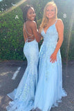 Light Blue Lace Prom Dress Mermaid Lace Dance Dress,Graduation School Party Gown Evening Dresses HZ1214