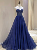 Pretty Navy Blue Spaghetti Straps Tulle Beading Prom Dress Evening Dresses HZ1214