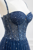 Pretty Navy Blue Spaghetti Straps Tulle Beading Prom Dress Evening Dresses HZ1214
