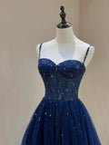 Pretty Navy Blue Spaghetti Straps Tulle Beading Prom Dress Evening Dresses HZ1214