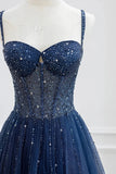 Pretty Navy Blue Spaghetti Straps Tulle Beading Prom Dress Evening Dresses HZ1214