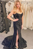 Pretty Long Strapless Lace Mermaid Formal Prom Dress with Slit HZ1214