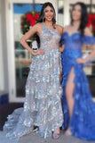 Sexy Navy Blue Tulle Sequin One-Shoulder Long Prom Dress with Slit HZ1214