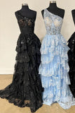 Sexy Navy Blue Tulle Sequin One-Shoulder Long Prom Dress with Slit HZ1214