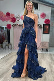 Sexy Navy Blue Tulle Sequin One-Shoulder Long Prom Dress with Slit HZ1214
