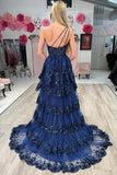 Sexy Navy Blue Tulle Sequin One-Shoulder Long Prom Dress with Slit HZ1214