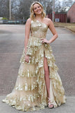 Sexy Navy Blue Tulle Sequin One-Shoulder Long Prom Dress with Slit HZ1214