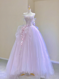 Pretty Ball Gown Strapless Sleeveless Long Pink Tulle Prom Dresses Evening Dresses HZ1214
