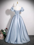 Cute Jewel A-Line Puff Sleeves Satin Blue Long Prom Dress, Blue Formal Dress HZ1121