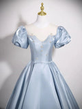 Cute Jewel A-Line Puff Sleeves Satin Blue Long Prom Dress, Blue Formal Dress HZ1121