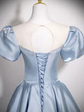 Cute Jewel A-Line Puff Sleeves Satin Blue Long Prom Dress, Blue Formal Dress HZ1121