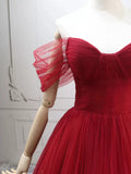 Elegant Off-Shoulder A-Line Tulle Long Prom Dresses, Burgundy Formal Evening Dresses HZ1121