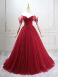 Elegant Off-Shoulder A-Line Tulle Long Prom Dresses, Burgundy Formal Evening Dresses HZ1121