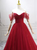 Elegant Off-Shoulder A-Line Tulle Long Prom Dresses, Burgundy Formal Evening Dresses HZ1121