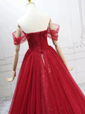 Elegant Off-Shoulder A-Line Tulle Long Prom Dresses, Burgundy Formal Evening Dresses HZ1121