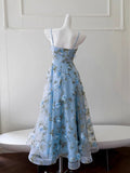 Cute Spaghetti Straps A-Line Tulle Floral Long Prom Dresses, Sky Blue Formal Evening Dresses HZ1121