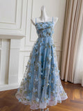 Cute Spaghetti Straps A-Line Tulle Floral Long Prom Dresses, Sky Blue Formal Evening Dresses HZ1121