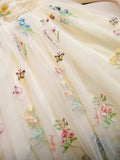 Cute Straps A-Line Tulle Floral Long Prom Dresses, Pale Yellow Formal Evening Dresses HZ1121