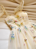 Cute Straps A-Line Tulle Floral Long Prom Dresses, Pale Yellow Formal Evening Dresses HZ1121