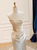Glam Strapless Sheath Satin Long Prom Dresses, Champagne Formal Evening Dresses HZ1121